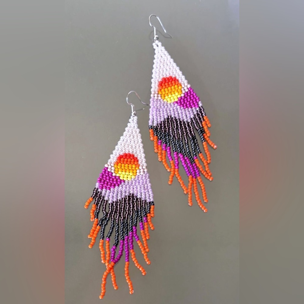 Colorful Boho Hand Beaded Seed Bead Mountain Sunset Tassel Dangle Earrings New
